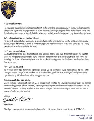 Letter announcing the Four Star Electronic Security acquisition (PDF)